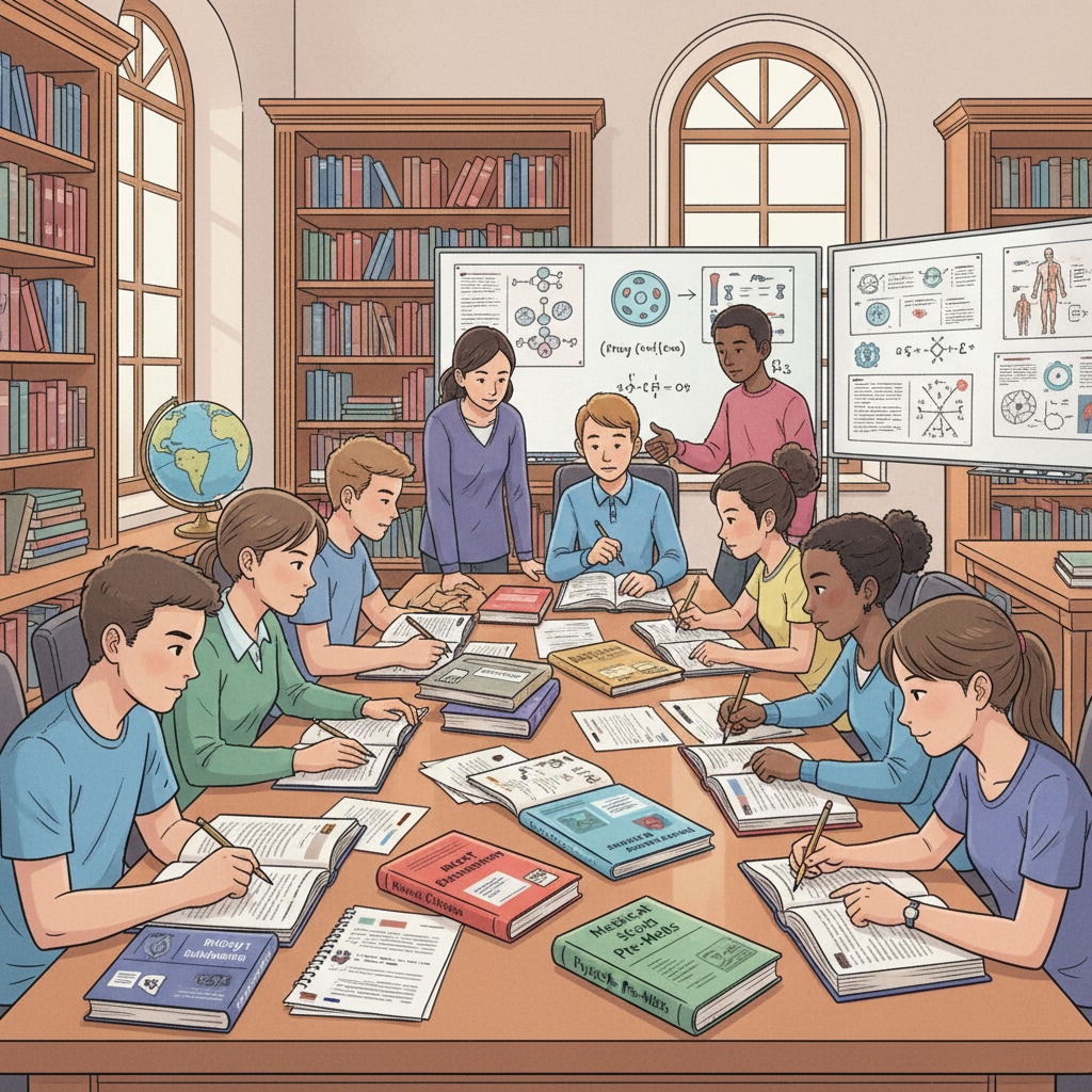 High school students studying for medical school entrance exams in a library to overcome learning anxiety and fill knowledge gaps
