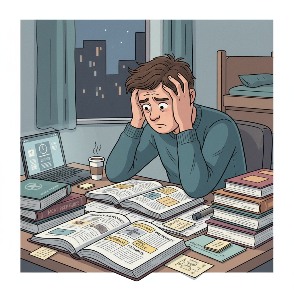 A stressed student studying medical textbooks while facing learning anxiety and knowledge gaps in medical school entrance exam preparation