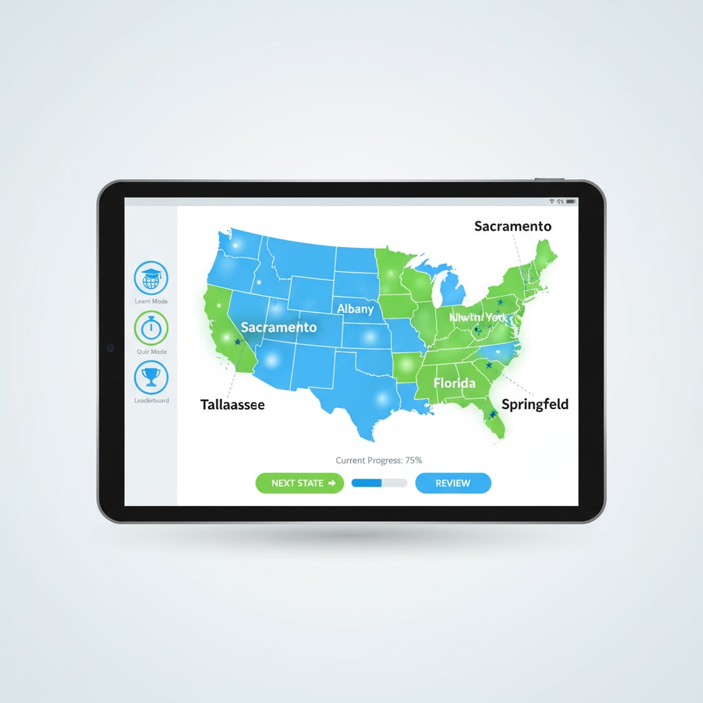 A state capital learning app interface screenshot for geography education in K12 classrooms