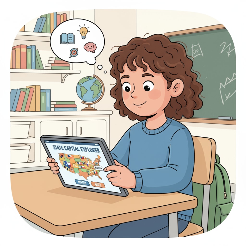 A child using a state capital learning app as a classroom aid in geography education