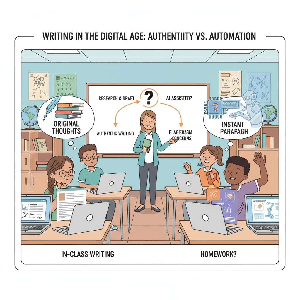 Students using laptops in class, potential AI cheating in writing assignments