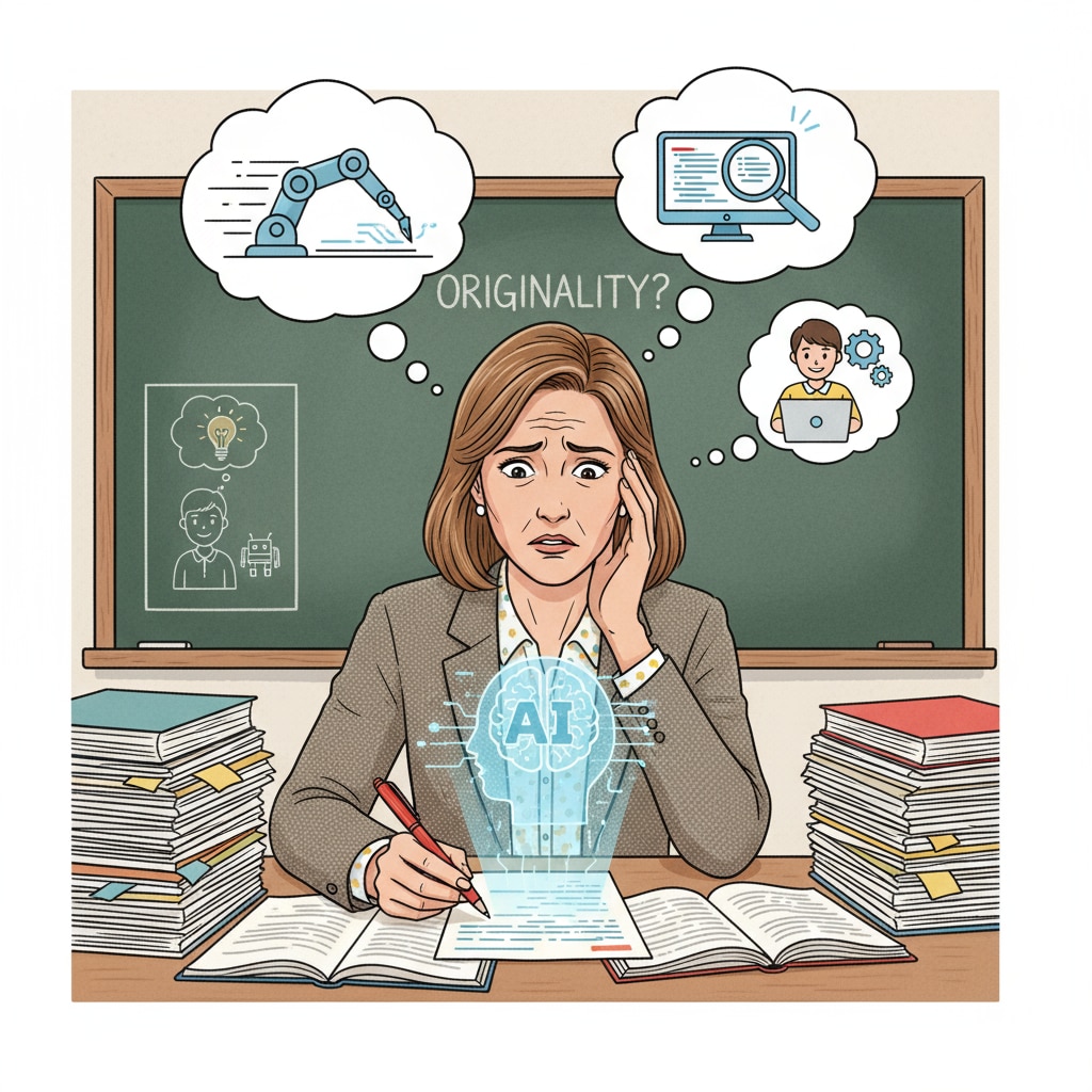 Teacher grading papers, concerned about AI - assisted writing in student assignments