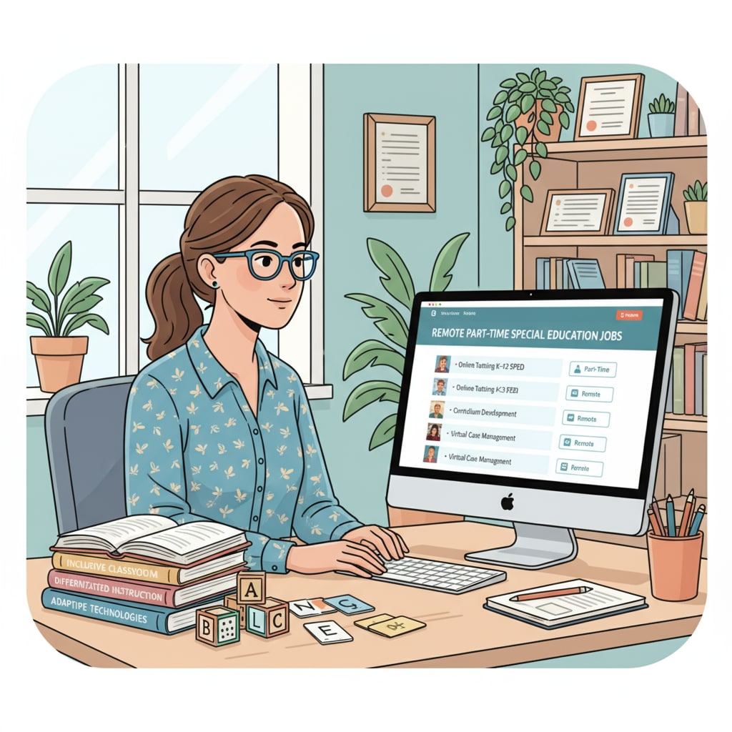 A special education teacher exploring remote part-time job opportunities on a computer