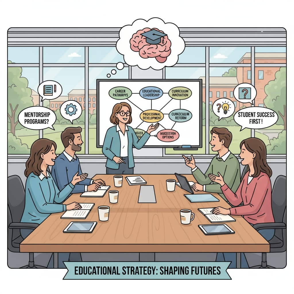 Teachers discussing educational master career development and curriculum design in a meeting room