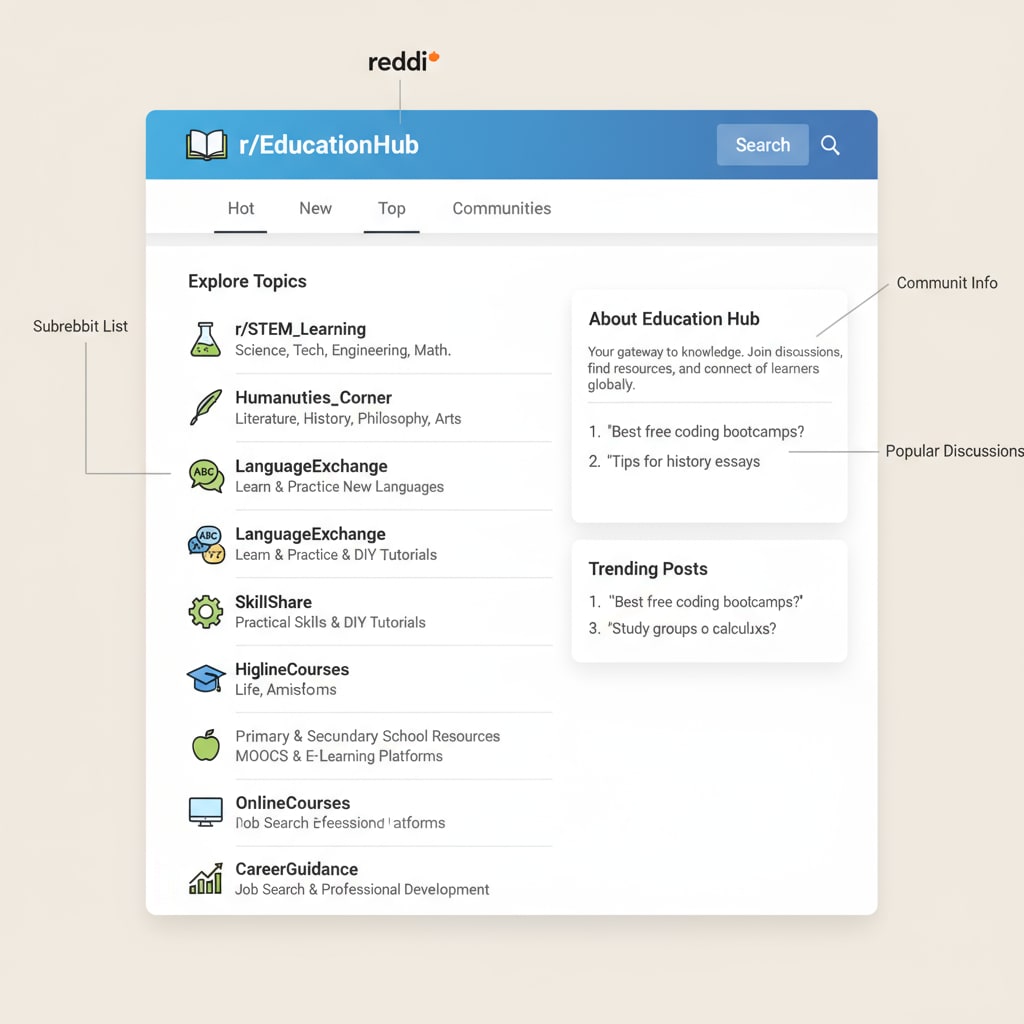 Screenshot of Reddit education community homepage showing community rules, educational networks, and subreddits