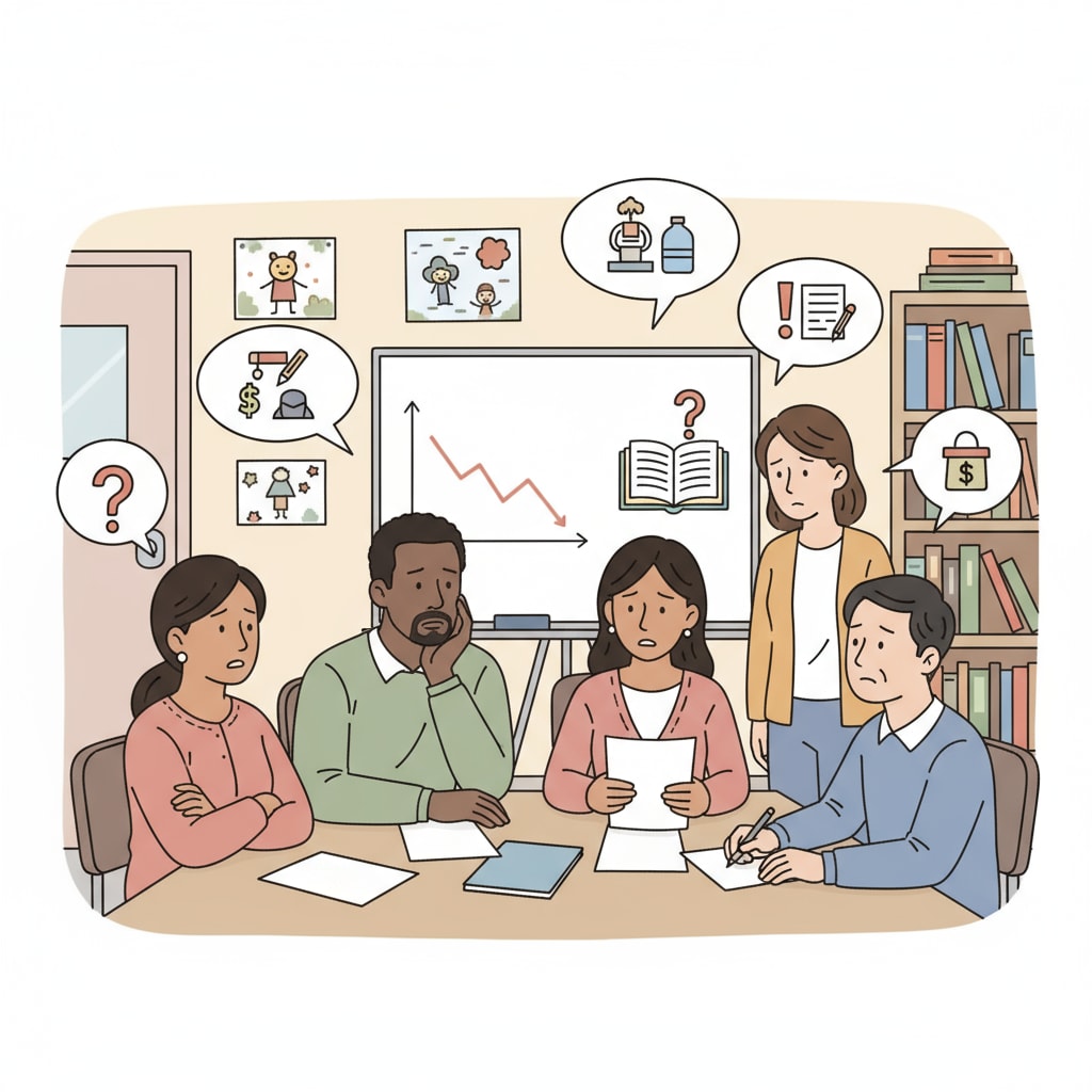Non-white parents discussing educational issues related to their children's curriculum.