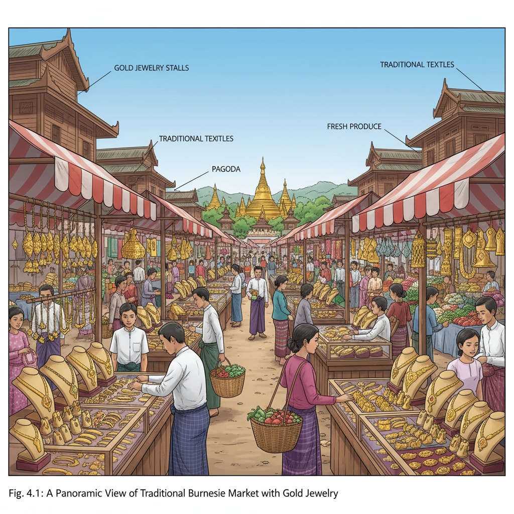 Gold jewelry on display in a Myanmar market, highlighting the country's gold trade within its cultural context