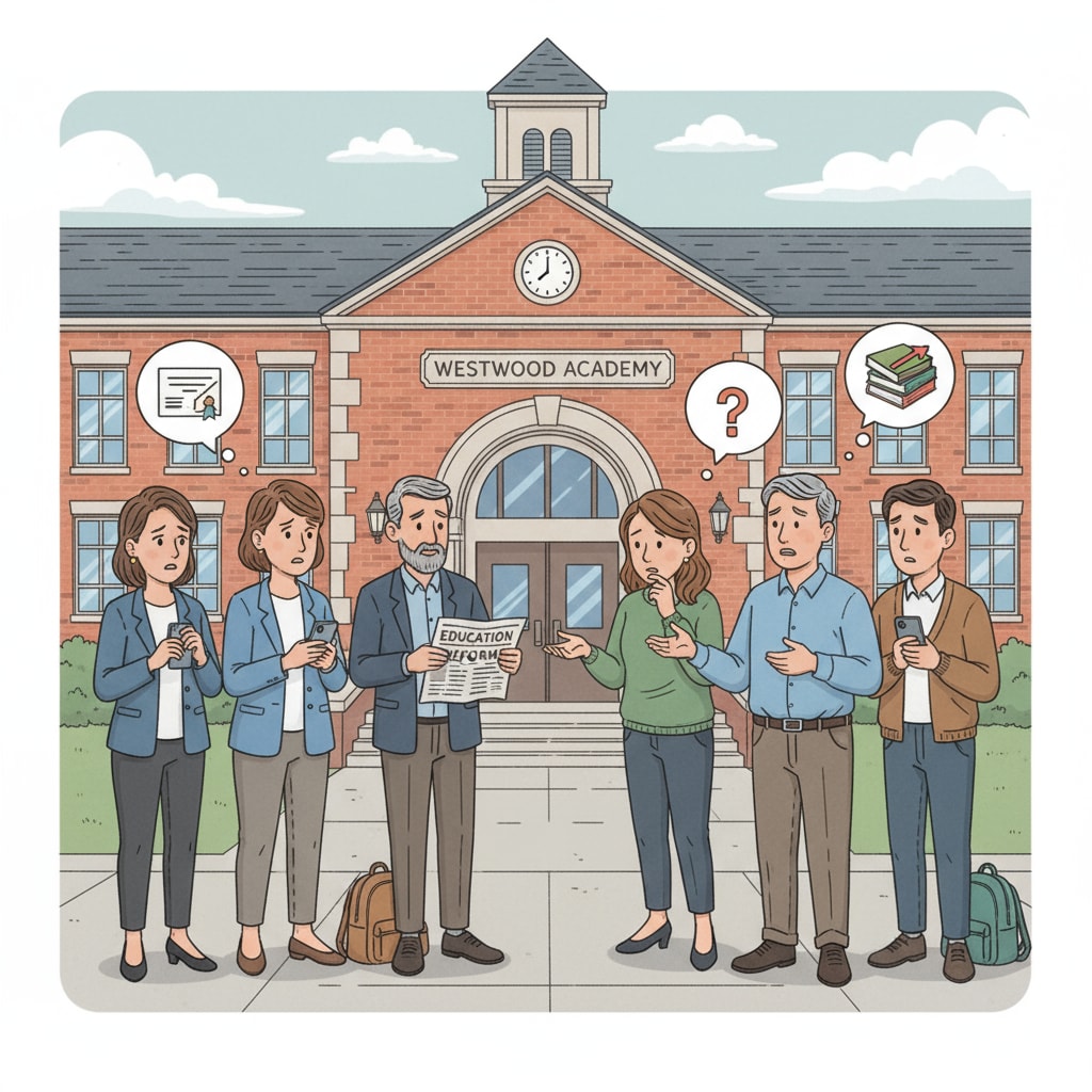 Parents waiting outside high school showing anxiety related to high school education, calculus, and parental expectations