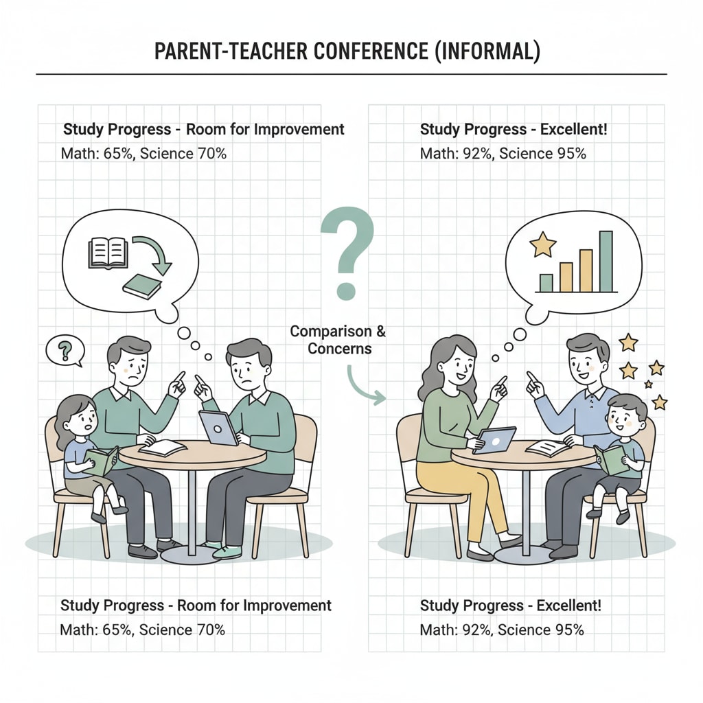 Parents discussing study progress, highlighting high school education, calculus, and parental expectations