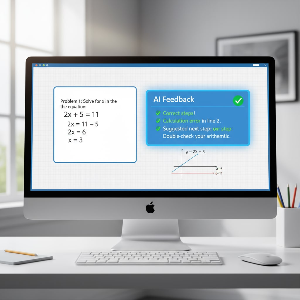 A teacher using an AI math grading tool to save time and reduce workload.