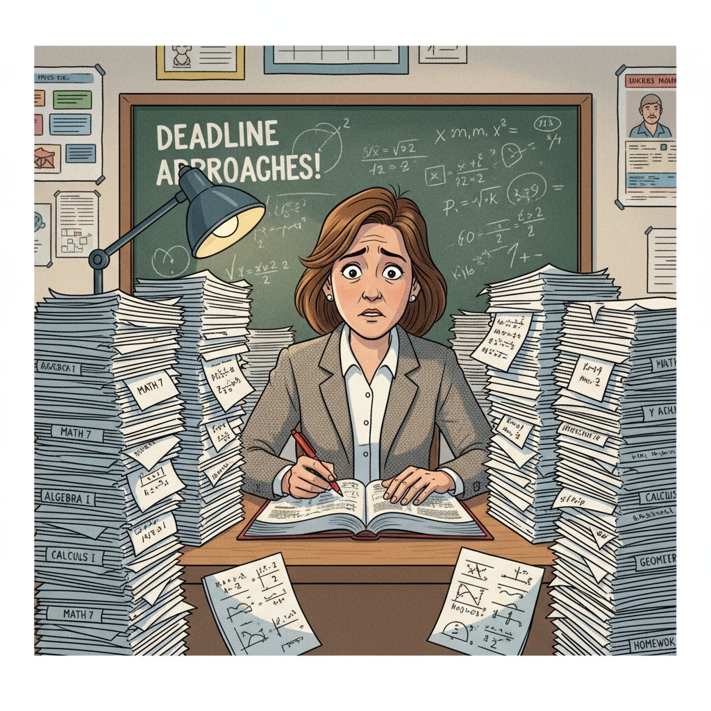 A teacher burdened with traditional math grading tasks.