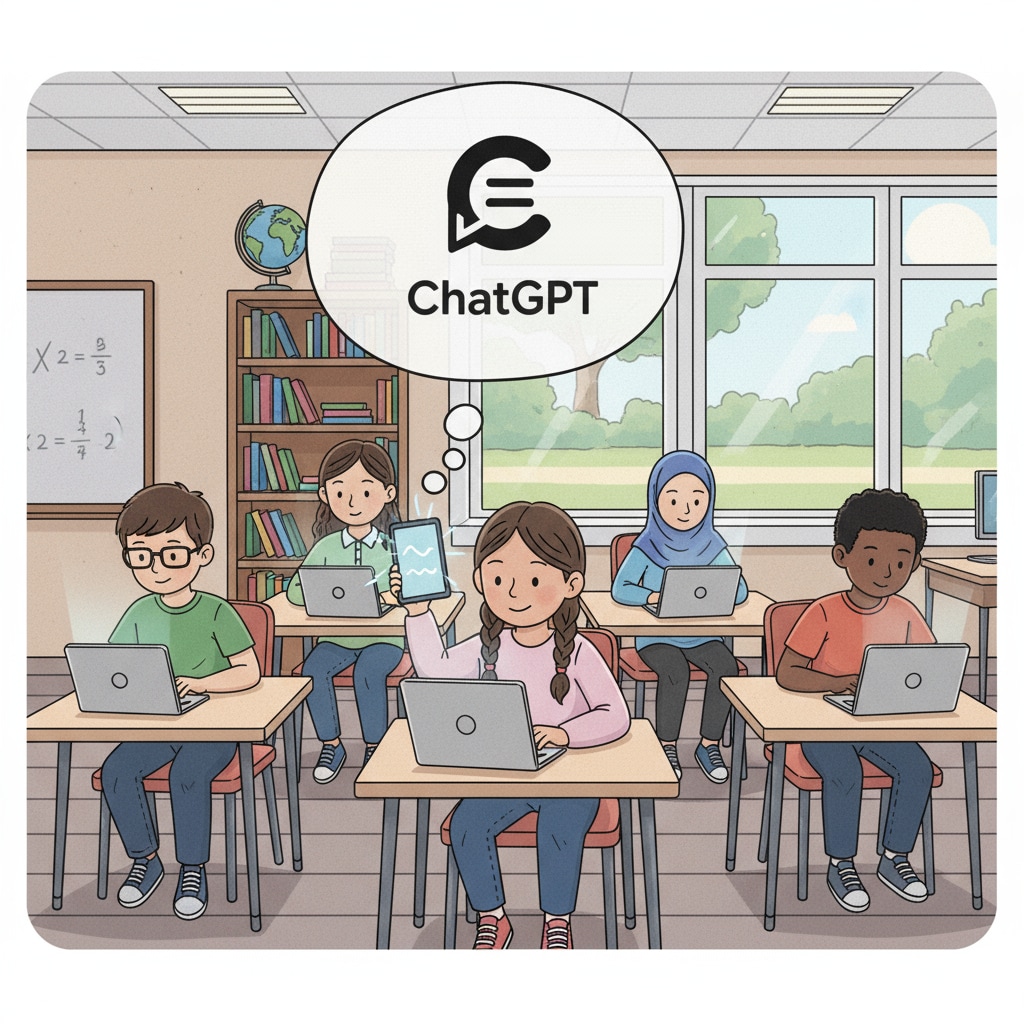 K12 students in classroom facing moral dilemmas with ChatGPT use
