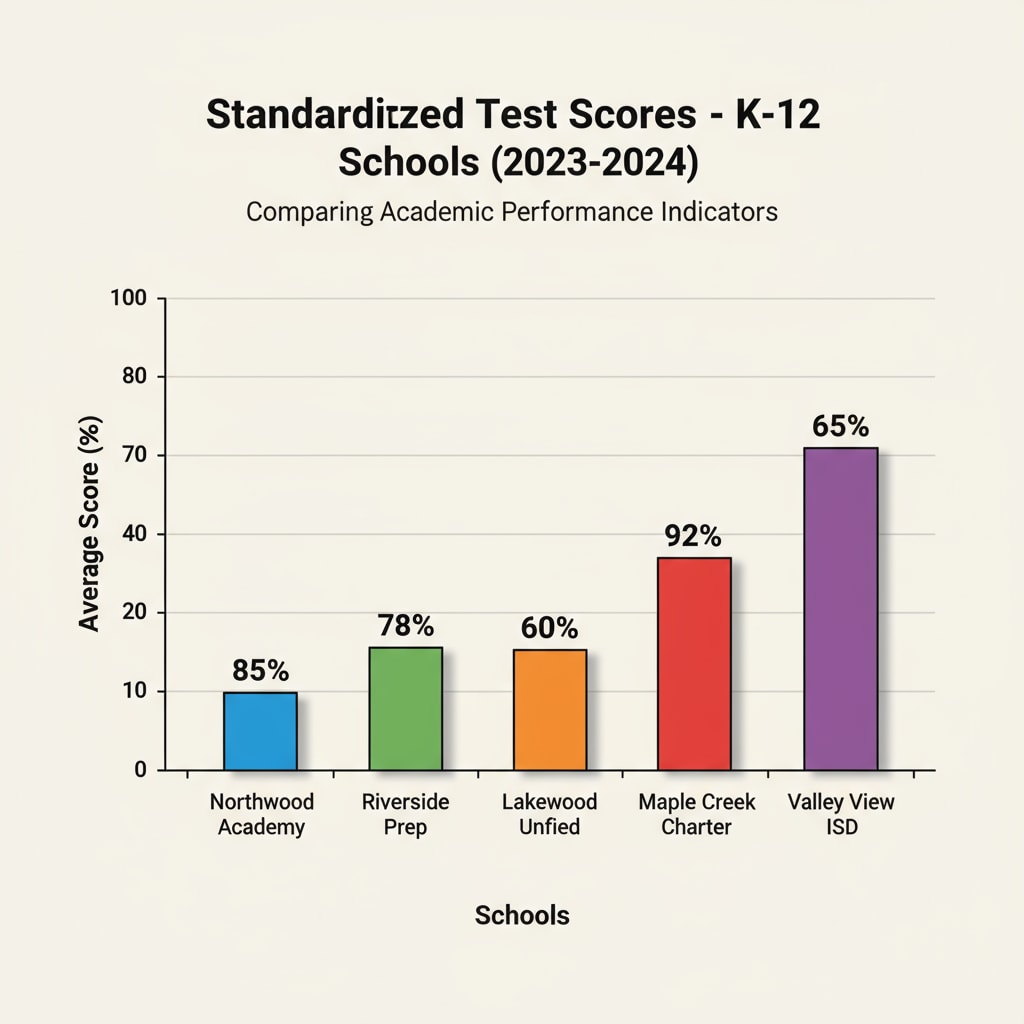 Bar graph comparing standardized test scores of K12 schools related to school statistics, PISA, and education indicators