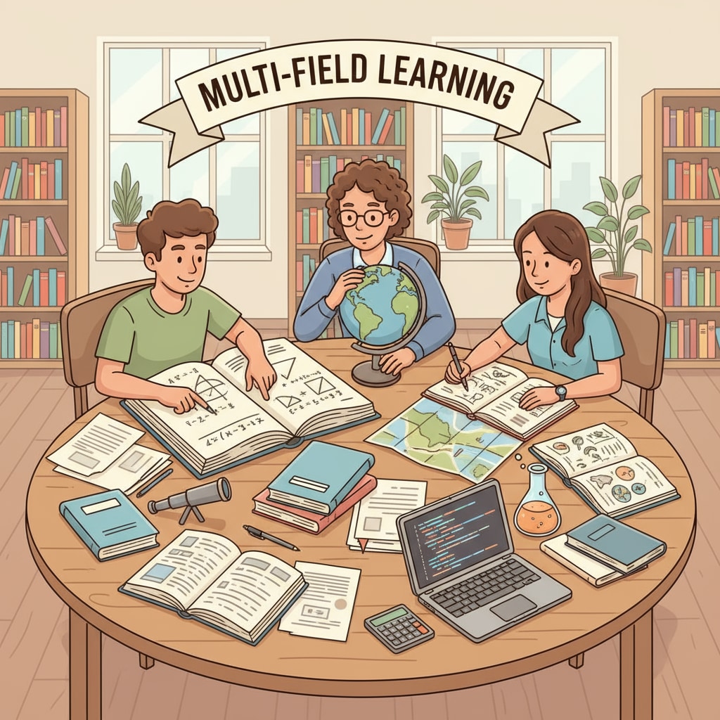 Students engaged in multi - field learning, with books on various subjects