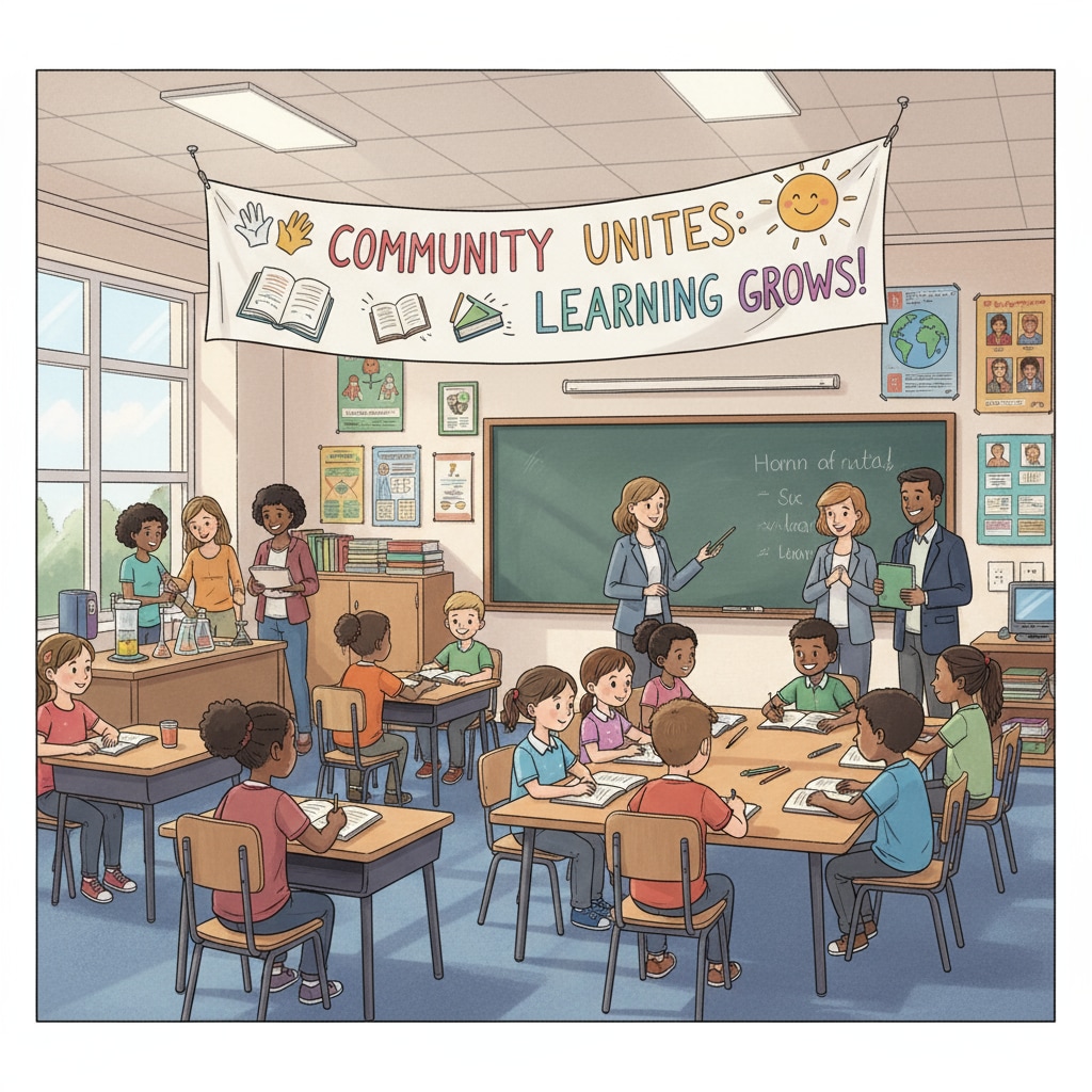 Classroom with community support banner for students' tuition