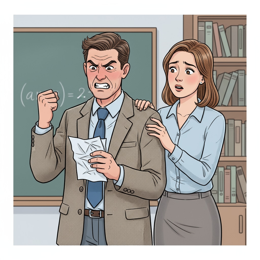 Teachers with expressions indicating possible conflict in the school workplace.