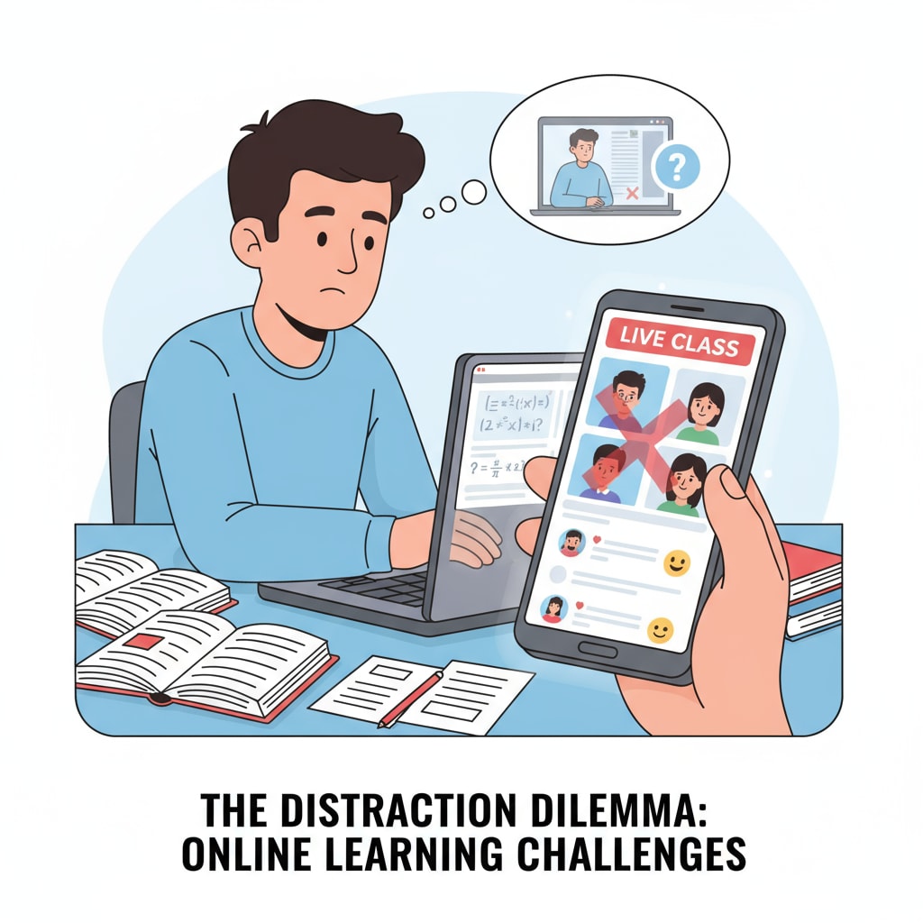 A student facing distraction from a smartphone during an online class, relevant to procrastination and productivity issues