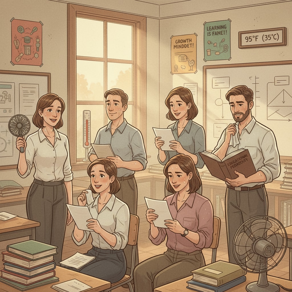 K12 teachers in a hot classroom with no air conditioning, trying to balance professionalism and comfort in their attire.