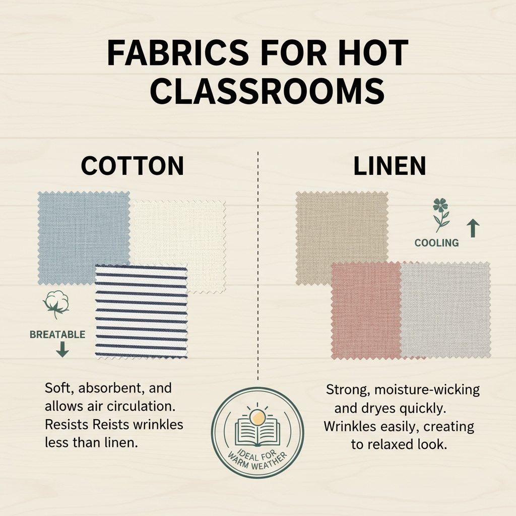 Different fabric swatches for K12 teachers to choose from in hot classrooms without air conditioning.