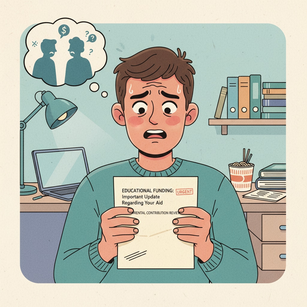 Worried student holding educational funding letter in the context of political interest, educational funding, and parental opposition