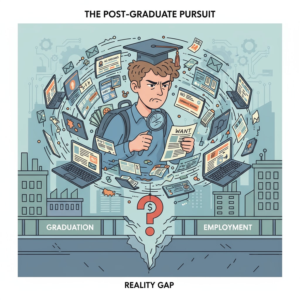Frustrated graduate searching for employment after graduation, highlighting the connection between graduation and employment security.