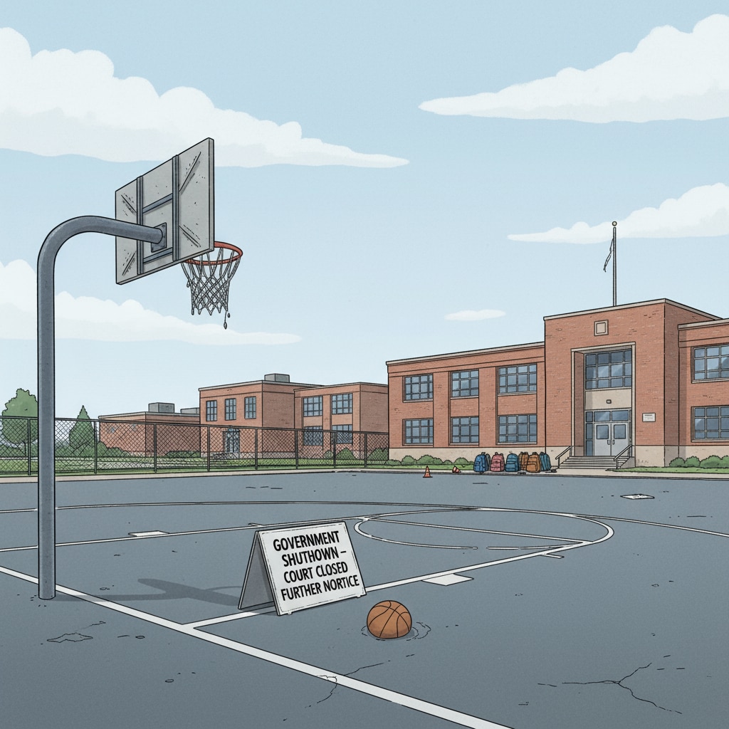 Empty basketball court in DODEA school during government shutdown where military children used to play