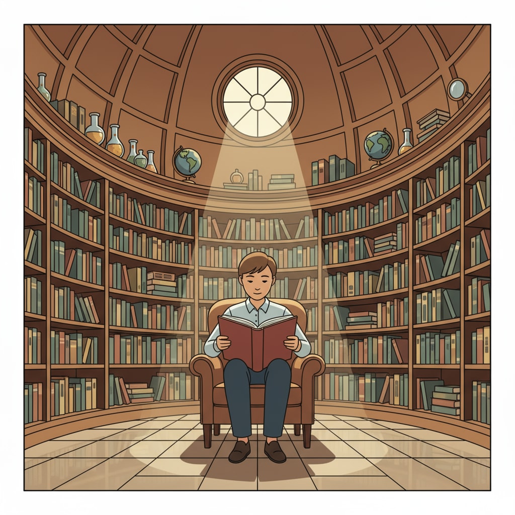 A person reading a book in a library related to lifelong learning, formal education, and life experiences
