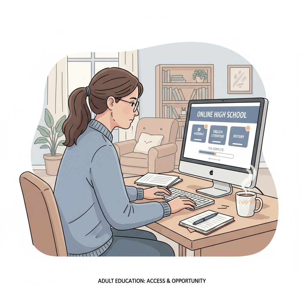 A low-income adult studying online high school courses to obtain GED