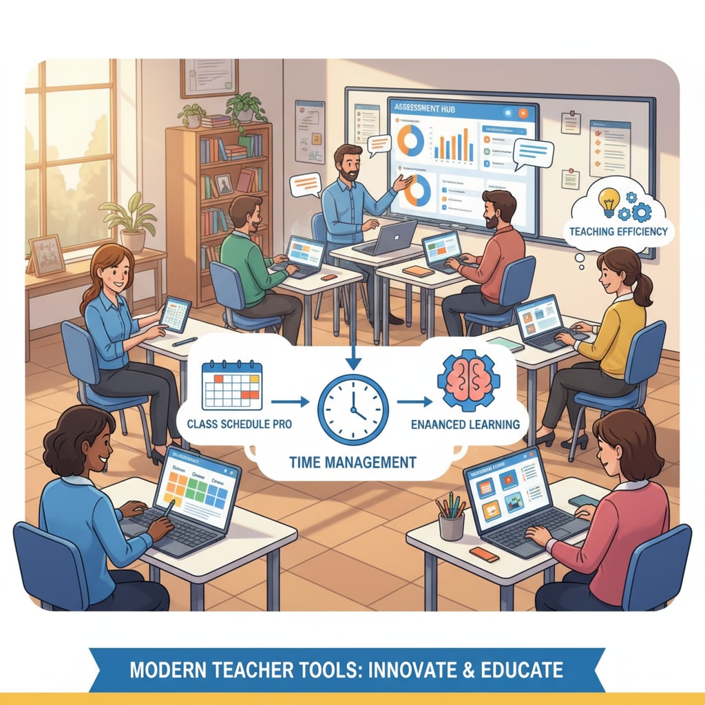 A group of teachers are seen using digital devices such as tablets and laptops in a classroom setting. They are interacting with various software applications that represent different teacher tools. This visual depicts how these tools are being used to manage time better and increase teaching efficiency. Teachers using digital tools for time management and teaching efficiency in a classroom