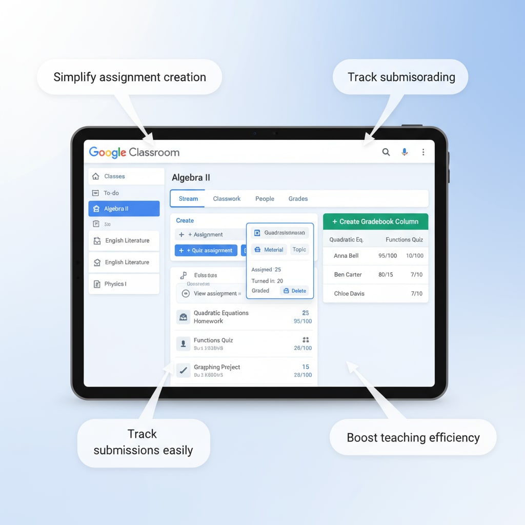 A screenshot of the Google Classroom interface is shown. It displays features like assignment creation, distribution, and grading sections. The interface is clean and easy to navigate, highlighting how it simplifies classroom management tasks for teachers, thus contributing to teaching efficiency. Google Classroom interface for enhanced teaching efficiency