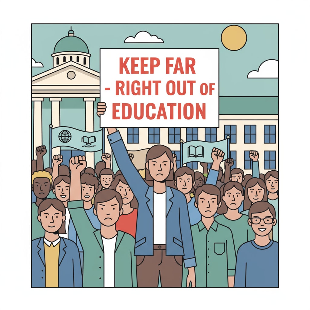 A protest sign against far - right interference in education