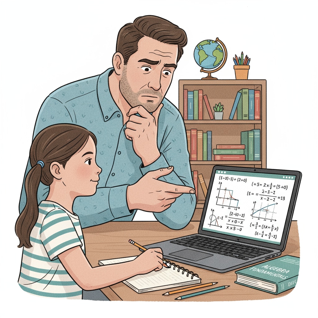 A parent struggling to help a child with math using a Chromebook