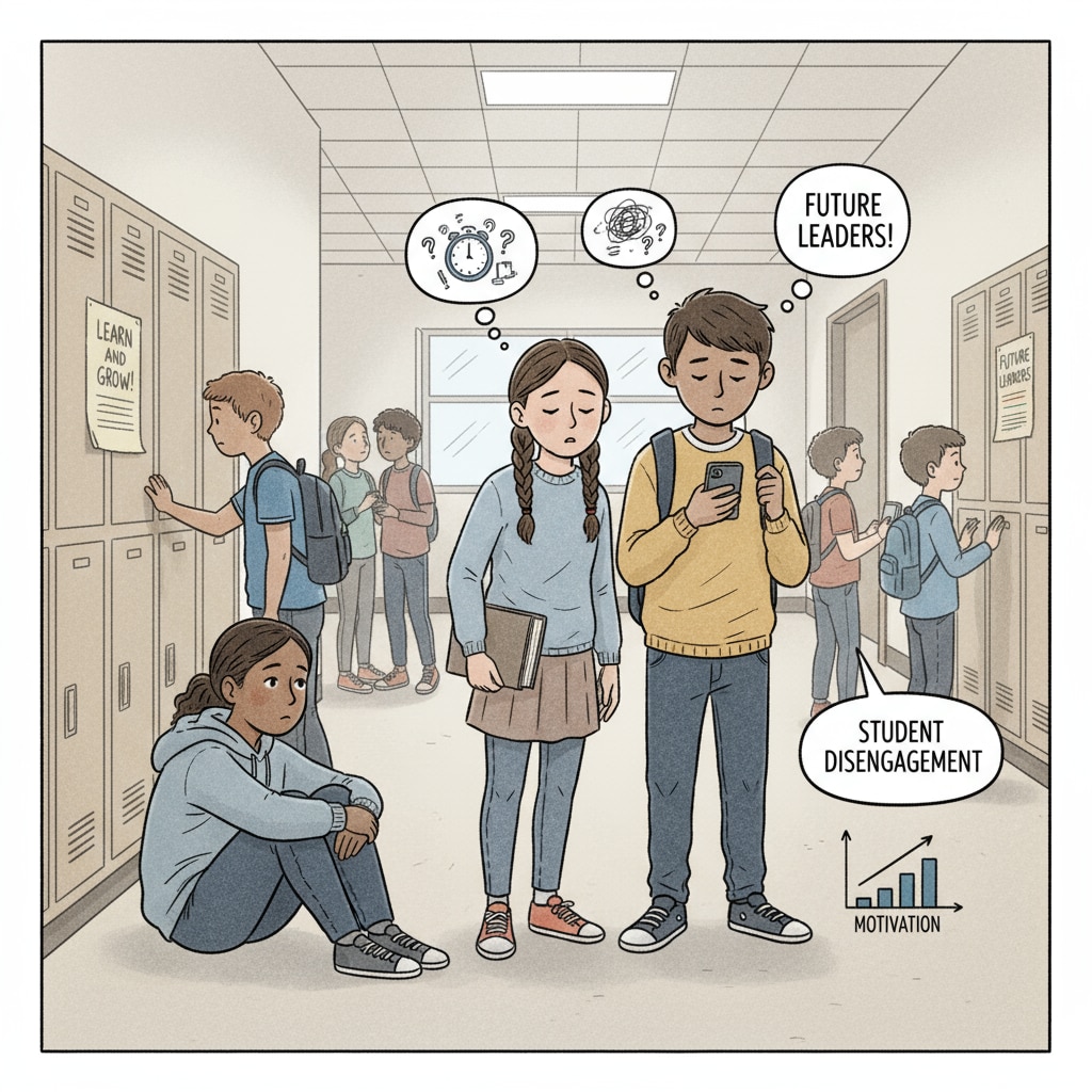 Students in a school hallway showing disinterest relevant to compulsory education