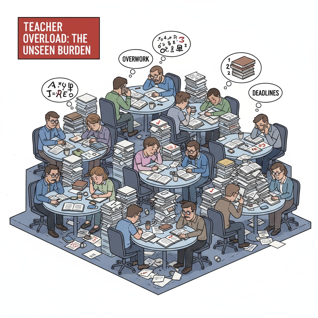 Teachers experiencing overload while grading papers.