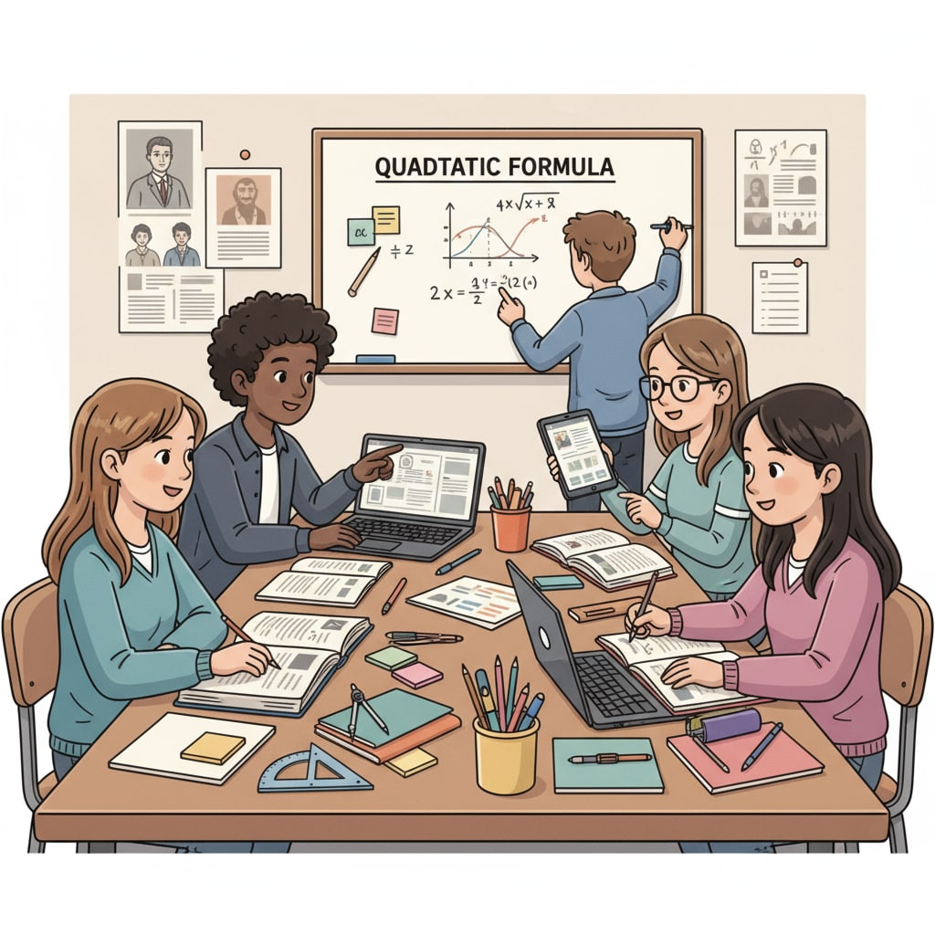 Students studying high school math with various learning resources related to standardized tests