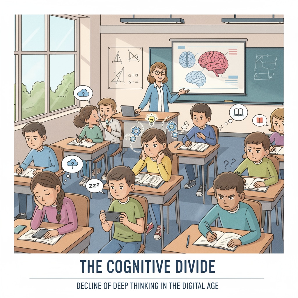 A classroom scene depicting students' engagement levels related to deep thinking, cognitive barriers, and sleep quality.