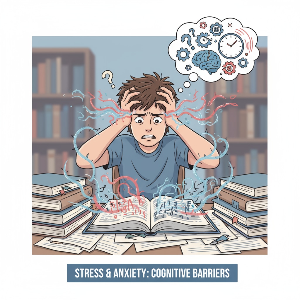 A stressed student studying, related to deep thinking, cognitive barriers, and sleep quality.