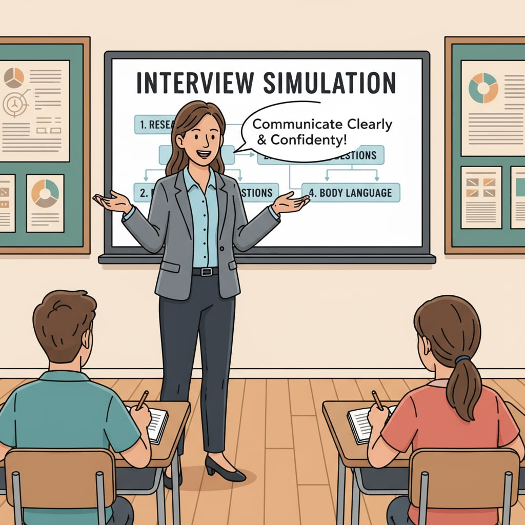 A teacher demonstrating good communication skills during an interview simulation for short-term improvement.
