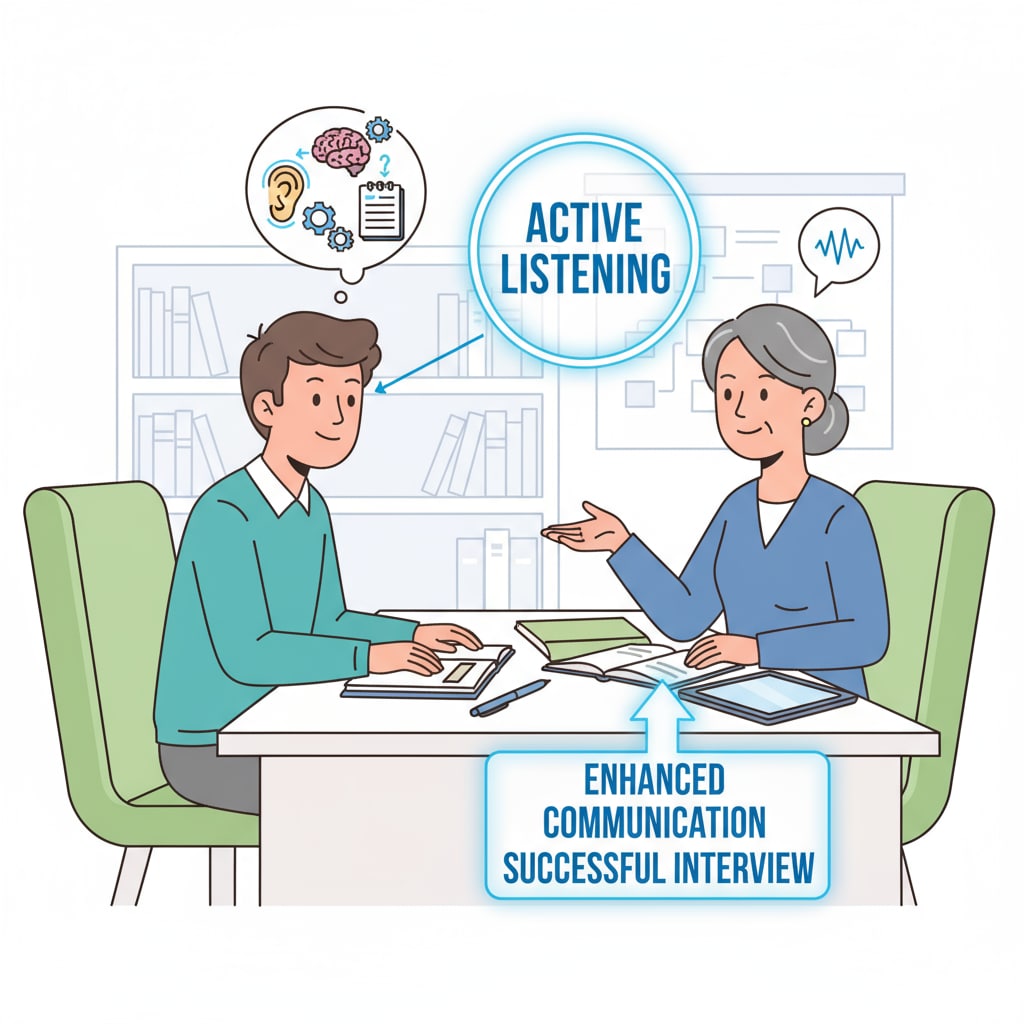 A person practicing active listening during a mock interview for short-term communication skill enhancement.