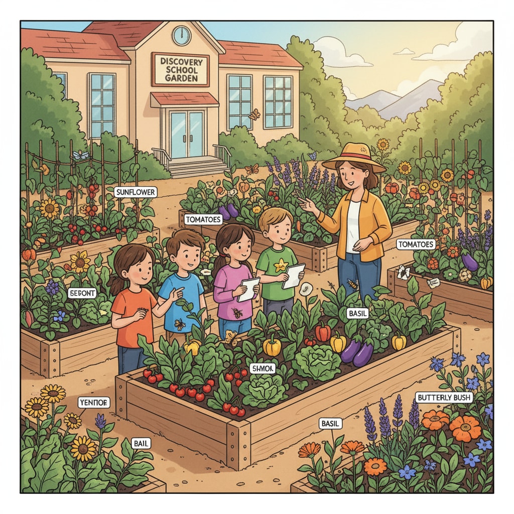 School garden as an educational tool for hands-on learning with students observing plants
