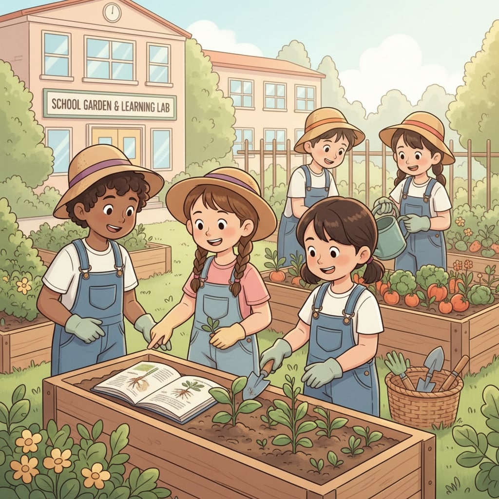 Students collaborating in the school garden for hands-on learning and social development