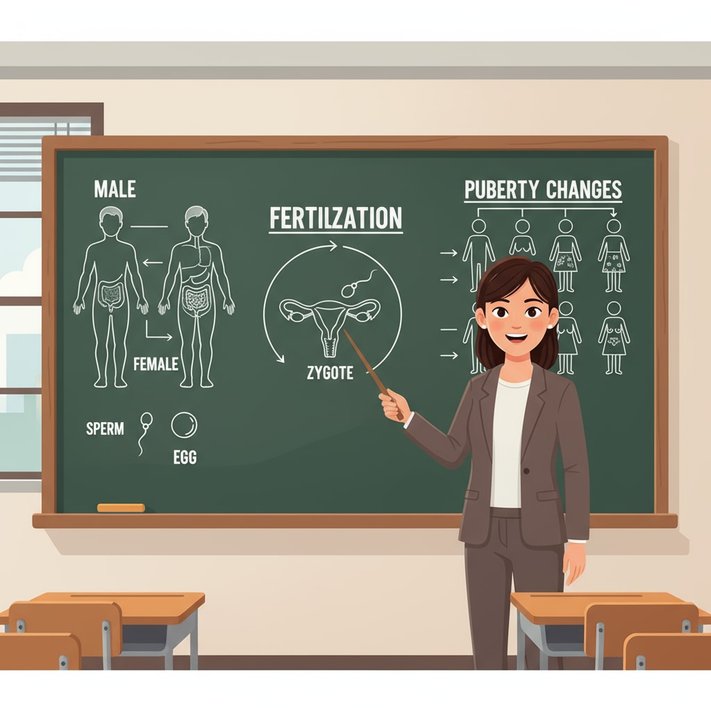 A teacher presenting basic sex education content, relevant to school education and adolescent health.