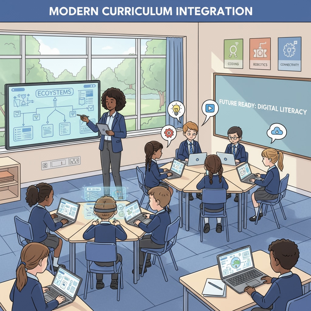 UK education system with students using digital devices for curriculum learning