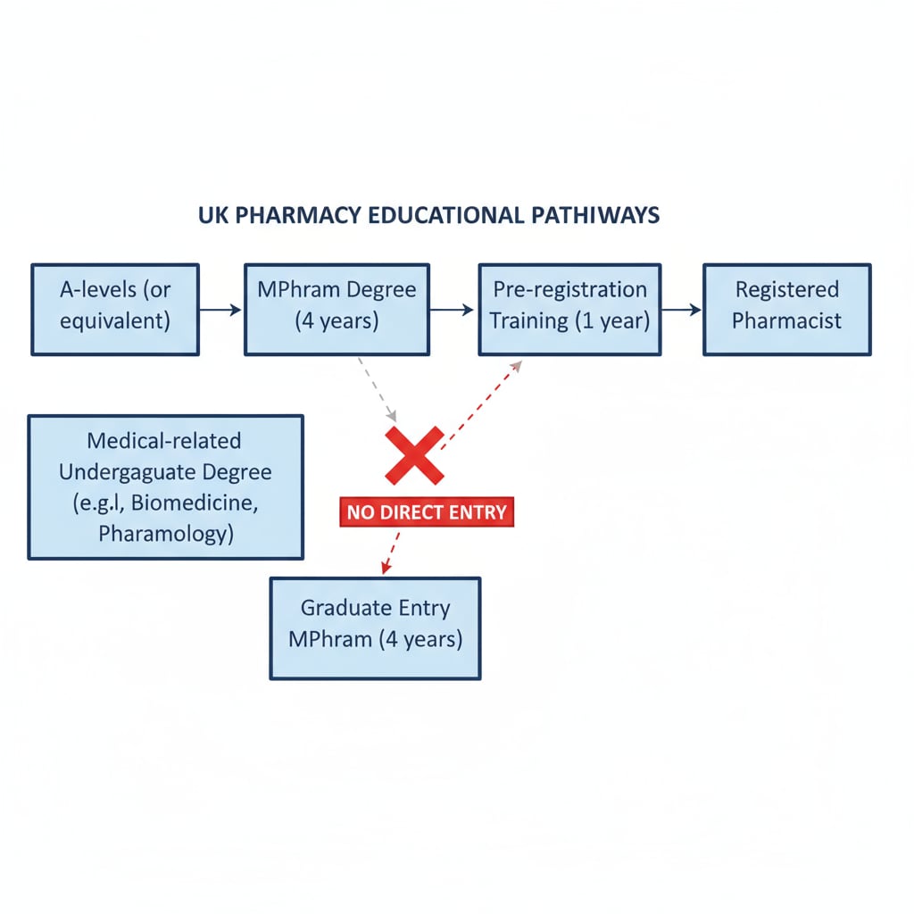 Illustration of UK pharmacy education pathways highlighting the lack of postgraduate entry for medical undergraduates