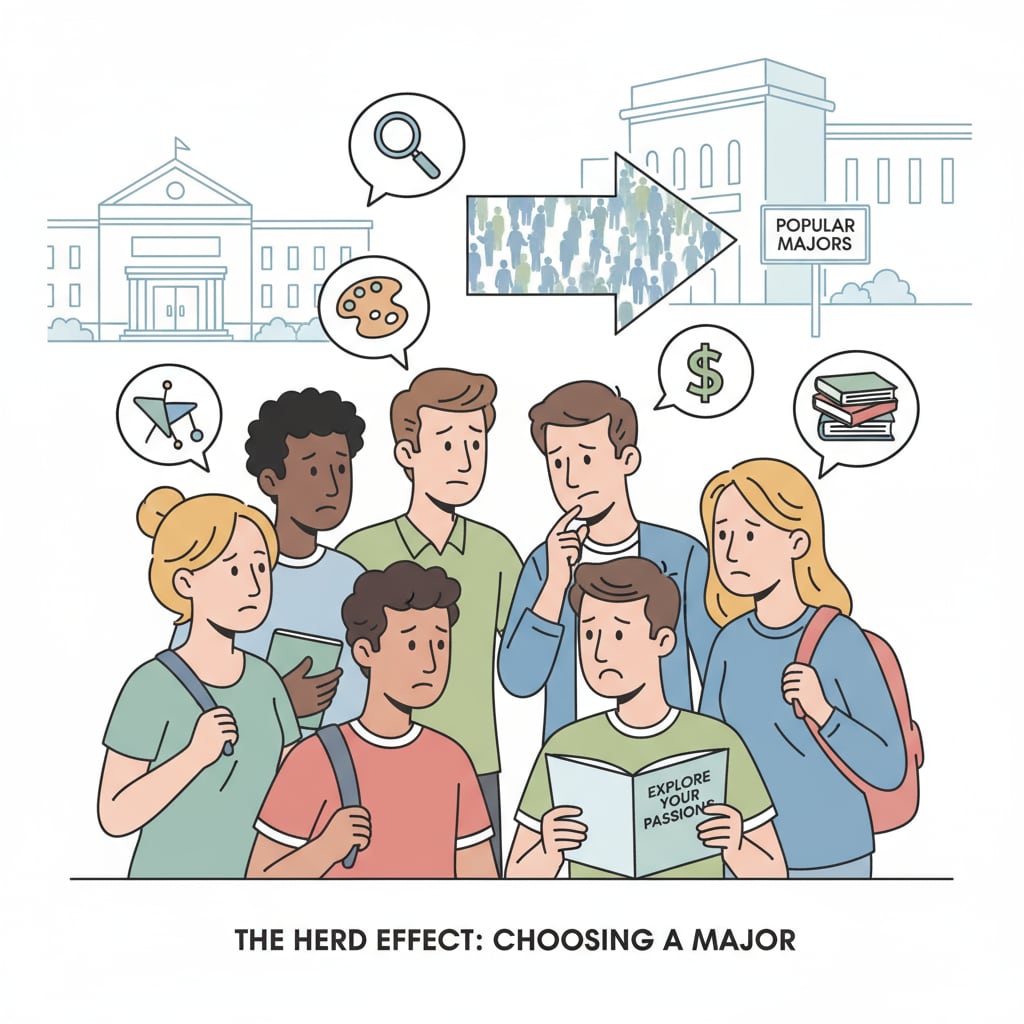 Students showing indecision in choosing college majors influenced by herd mentality and social pressures
