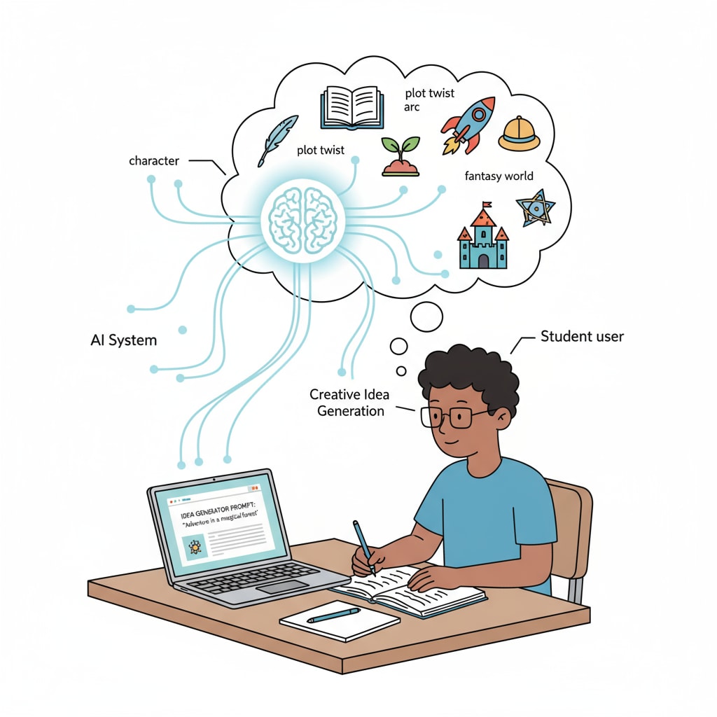 An AI system generating creative writing ideas for a student