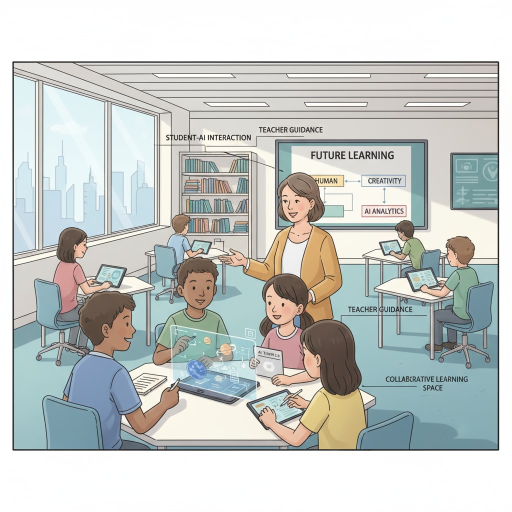 A classroom scene where students are interacting with an AI device while a human teacher is also present, showing the coexistence of AI and human in education. Research survey on AI therapy and human therapy in a classroom setting