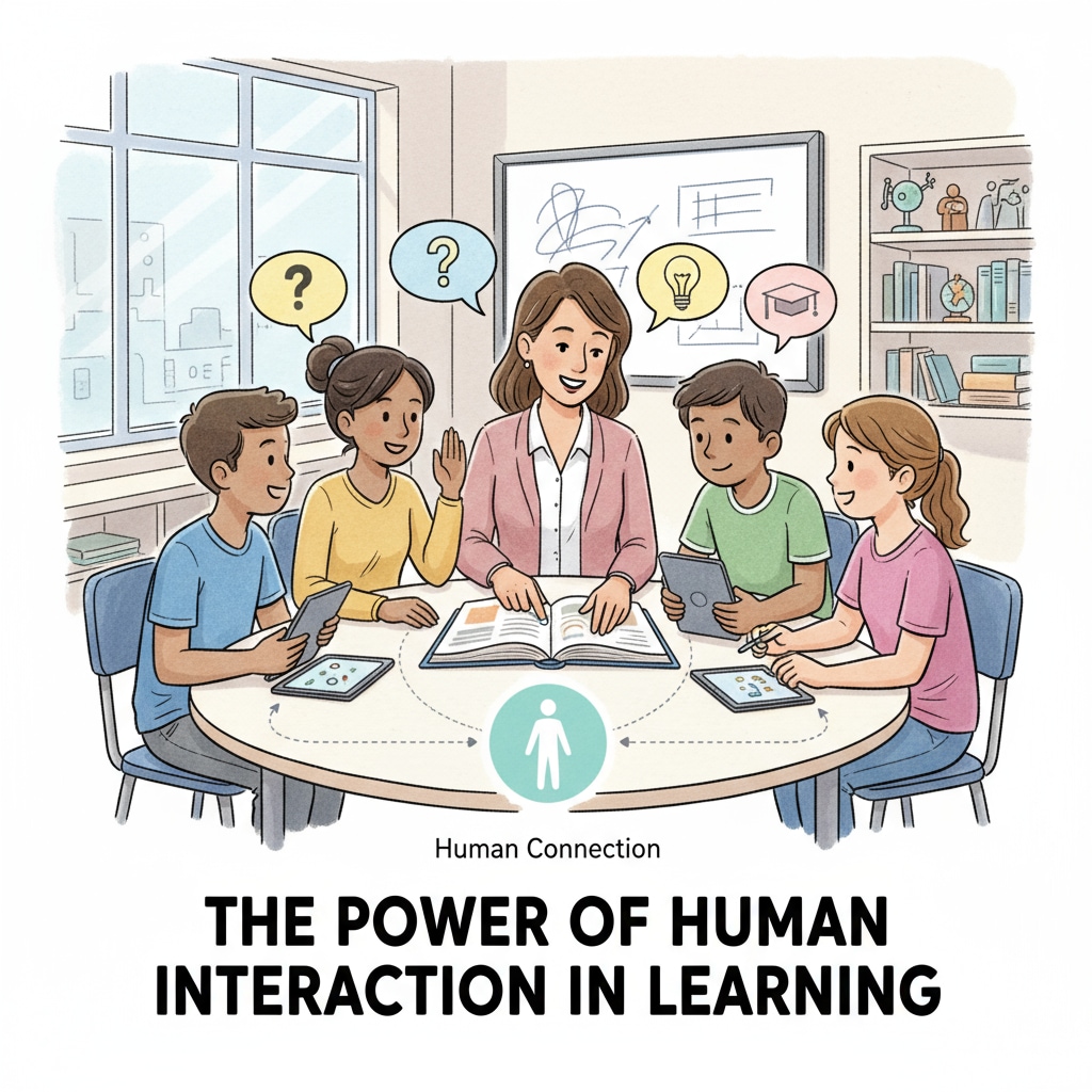 Students having an interactive discussion with a human teacher, highlighting the importance of human interaction in education. The role of human teachers in K12 education in a research survey context