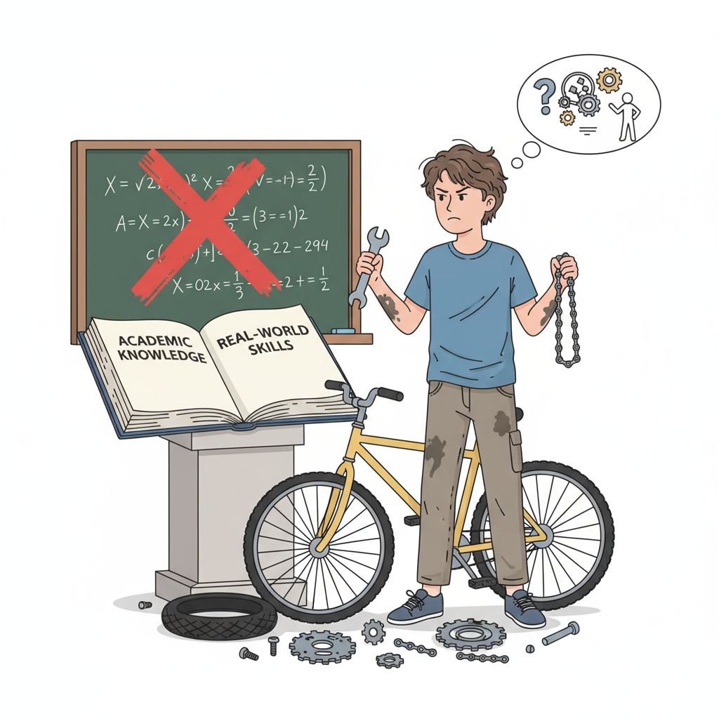 A young person struggling with bicycle repair due to lack of practical skills from school