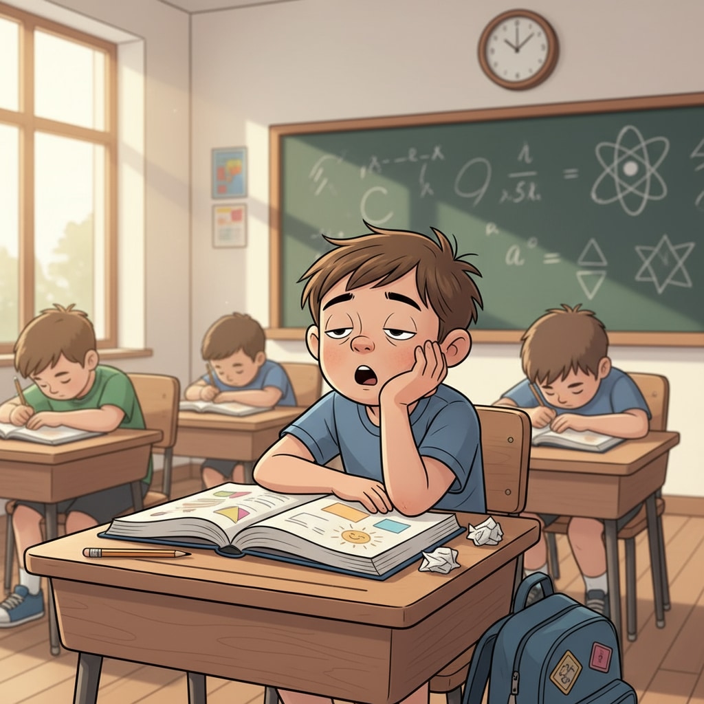Bored highly gifted child in a public school classroom during the transition from Montessori education